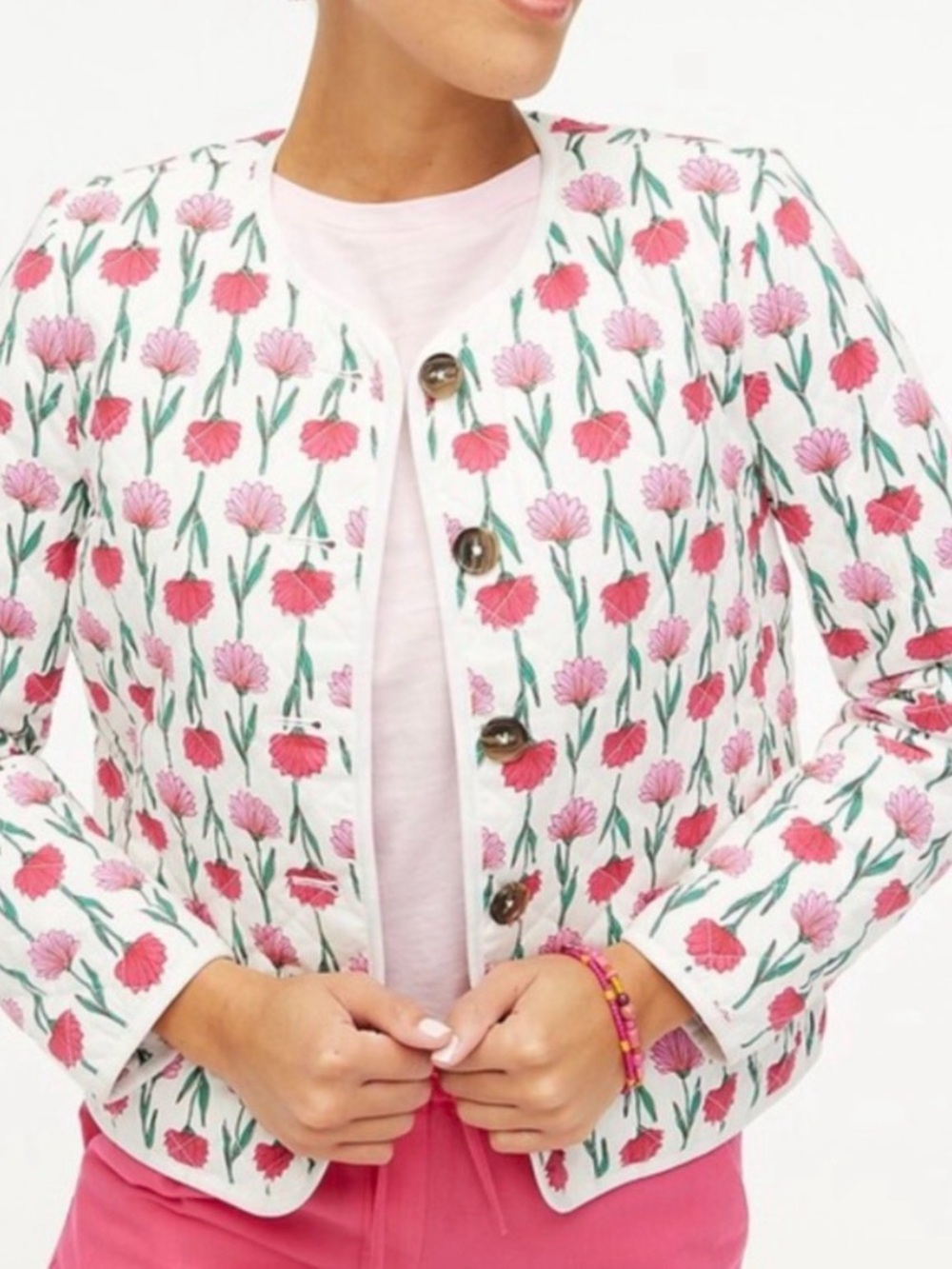 NWOT J. Crew Quilted Jacket White Pink Floral Cottagecore boho layering | Small